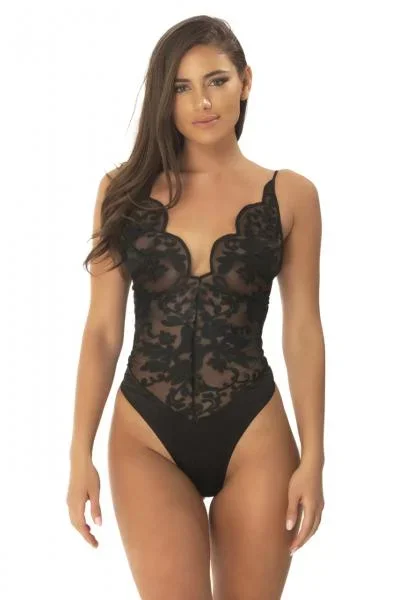 Lyla Embroidered Bodysuit with Plunge Neckline – Black –