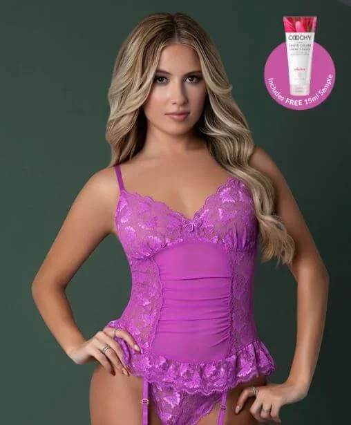 Magic Silk Butterfly Fantasies Basque & Cheeky Panty Set Neon Purple L/XL