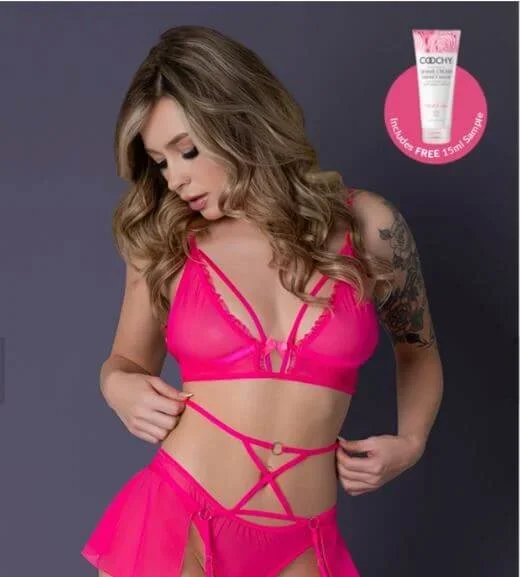 Magic Silk Pink Kink Bralette, High Leg Panty & Garter Skirt Set Pink Glow L/XL