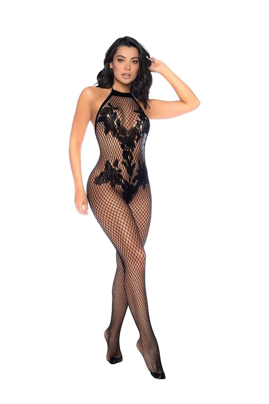 Mapale Vino Noir Floral Fishnet Bodystocking Os Black