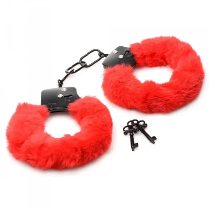 Master Series: Cuffed In Fur – Adjustable Red Furry Handcuffs by XR Brands