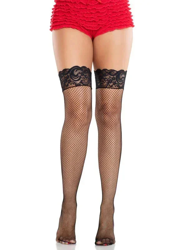 May Fishnet Thigh High Stockings O/s – Black/red