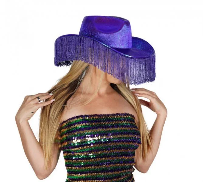 Metallic Cowboy Hat with Fringes – Purple