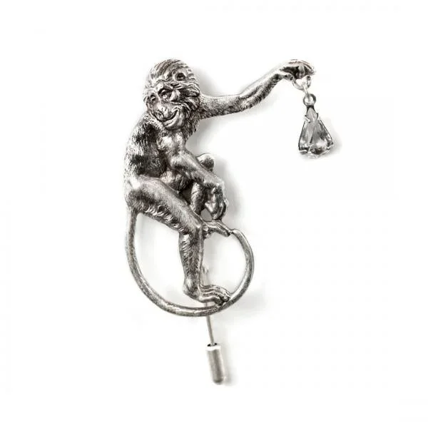 Monkey with Crytstal Pin – Silver