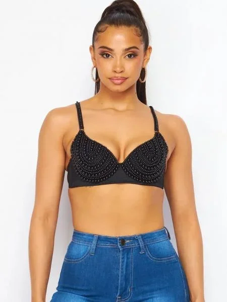 Most Cherished Pearl Bustier Bra Crop Top – Black –