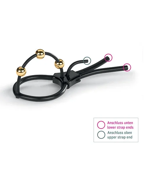 Mystim Pearly Pete Corona Strap w/Gold Balls – Black