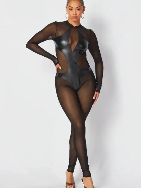 Nannette Faux Leather Mesh Contrast Jumpsuit – Black –