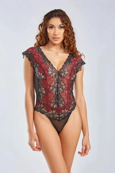 Natalia Lace Bodysuit with Deep Plunge – Black/Red –