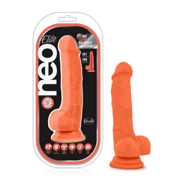 Neo Elite 7.5″ Silicone Dual Density Dildo – Lifelike Sensations and Vibrant Neon Orange