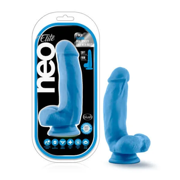 Neo Elite 7 inches Silicone Dual Density Cock with Balls Neon Blue