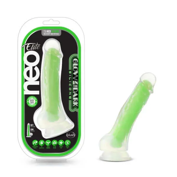 Neo Elite Glow in the Dark 7.5 inches Silicone Dual Density Cock with Balls Neon Green