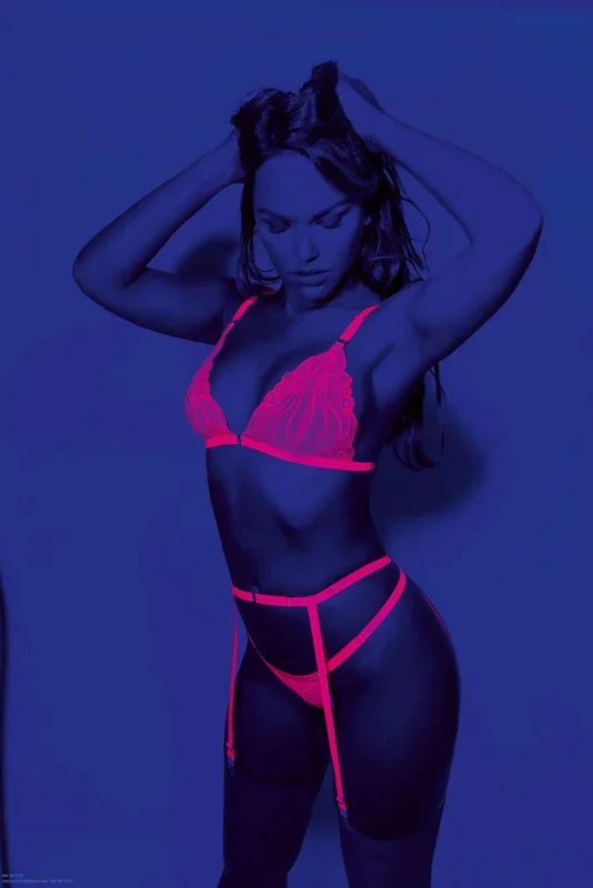Neon Pink Lace Bra Set With Garterbelt And Bikini Panties