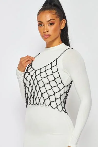 Not Over You Bejeweled Net Crop Top – Black –
