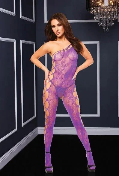 Off the Shoulder Bodystocking – Sexy Mesh & Lace Lingerie – Purple O/S