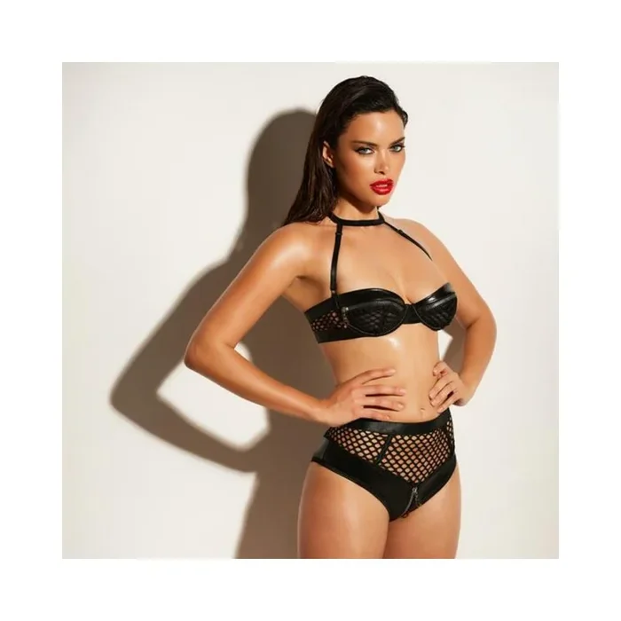 Oh L L Chri Fearless Faux Leather And Fishnet 2-piece Set With Functional Zipper Details