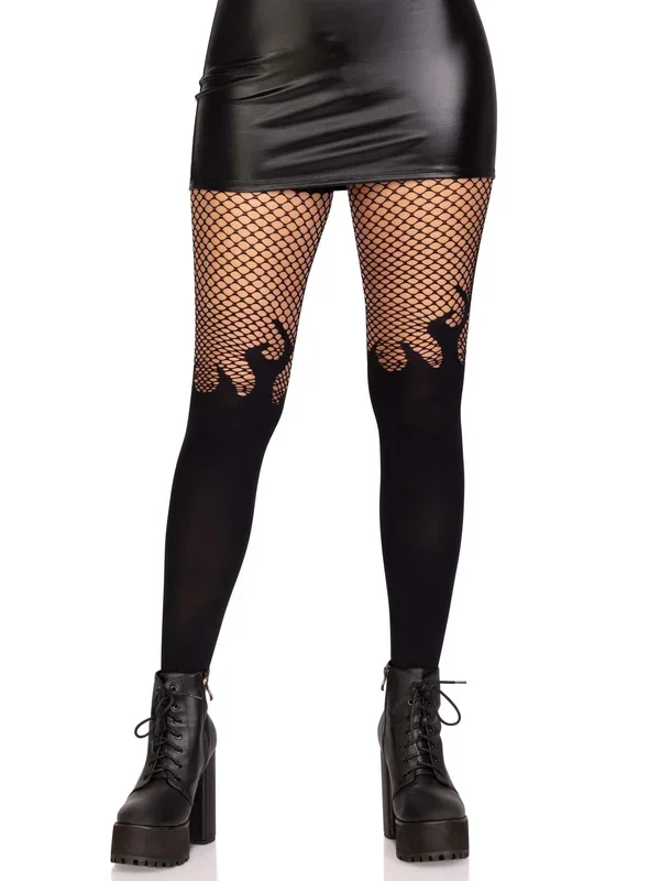 Opaque Flame Fishnet Top Tights One Size Black Hosiery