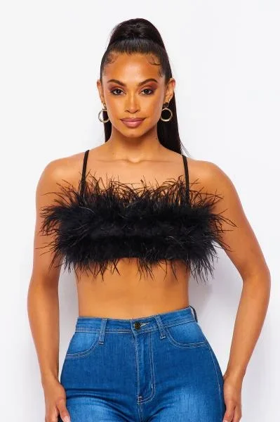 Ostrich Feather Crop Tank – Black –