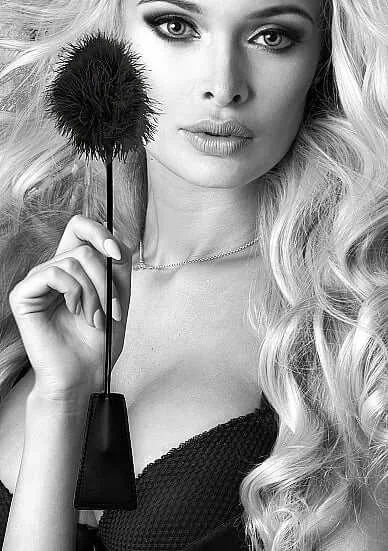 Ouch! Black and White Bondage line Black Crop with Feather Tickler