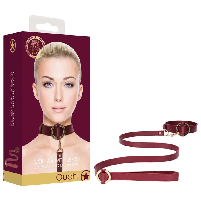 OUCH! Halo – Collar With Leash – Burgundy Restraint