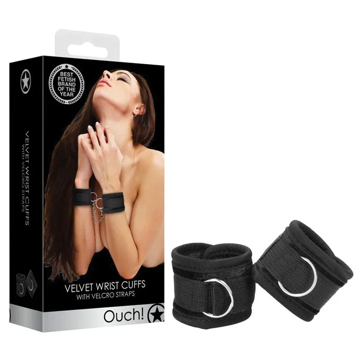 OUCH! Velvet & Velcro Adjustable Handcuffs – Black Restraints