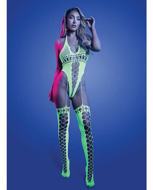Paradigm UV Reactive Halter Teddy Bodystocking Neon Green One Size