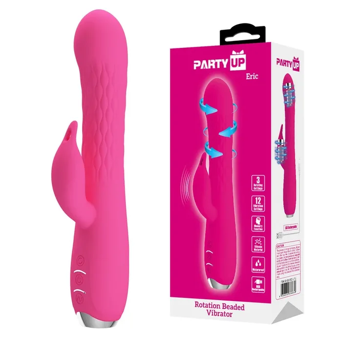 Party Up ERIC Rotating Beads Vibrator – Pink – Pink 20.5 cm USB Rechargeable Rabbit Vibrator with Rotating Bead Shaft