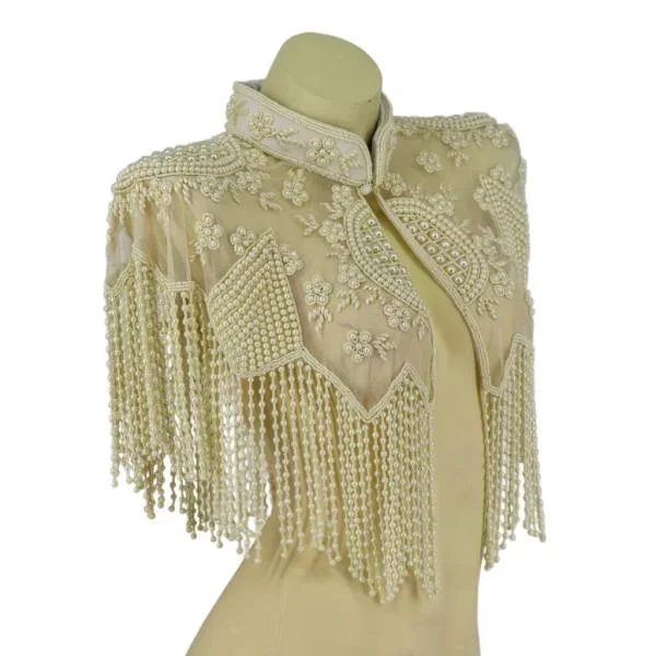 Pearl Beaded Shawl with Collar – Cream – One Size