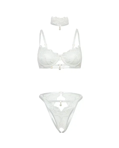Pearla Lace Underwire Bra & Open Back Panty w/Matching Collar 3 pc Set – White L/XL