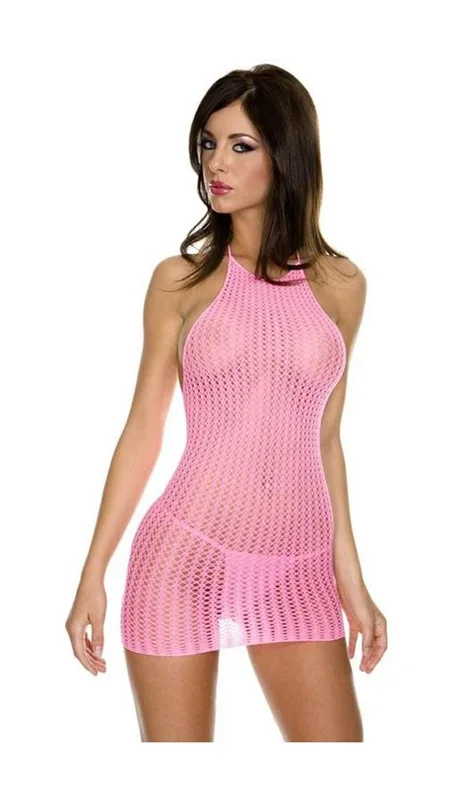 Pink Halter Crotchet Mini Dress & G-String Lingerie Set