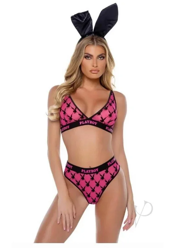 Playboy Flocked Bunny Bra Set XLarge Pink Black