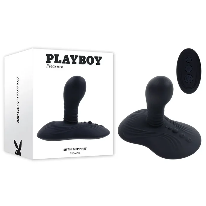 Playboy Pleasure SITTIN & SPINNIN – Black USB Rechargeable Spinning Vibrator & Grinder Pad with Remote
