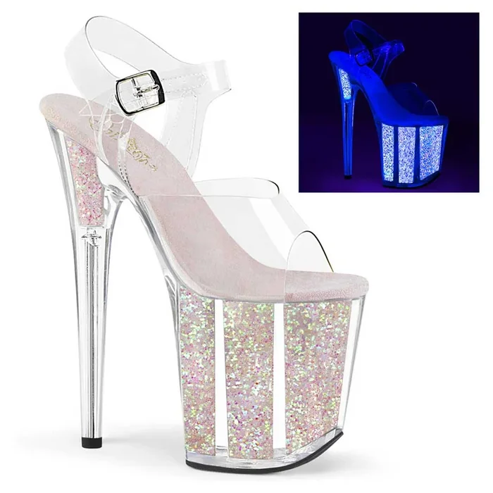 Pleaser Shoes Flamingo-808UVG 8″ Heel Platform Ankle Strap Sandal with Neon UV Reactive Bottom