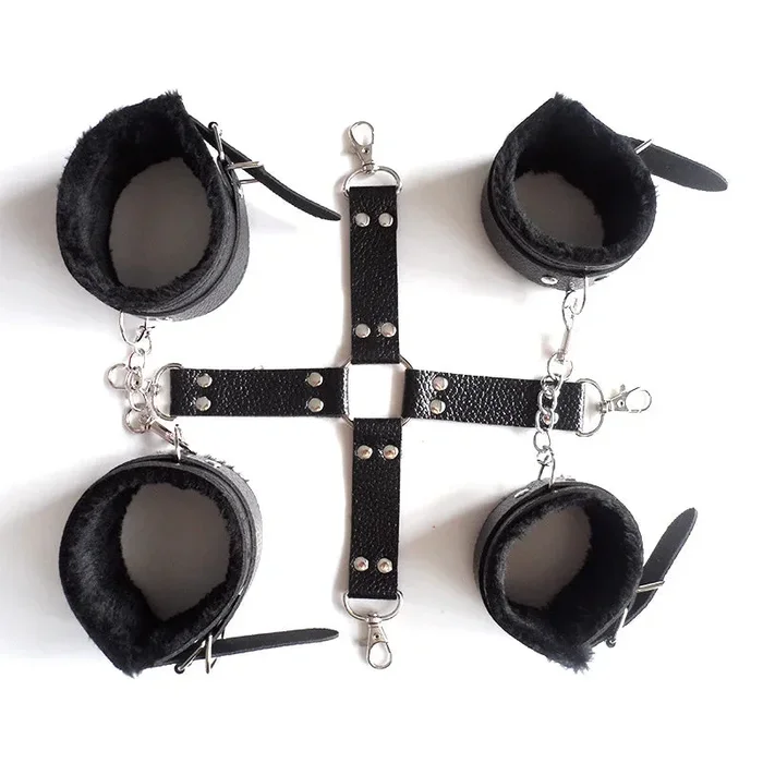 Plush-Lined PU Leather Handcuffs Adjustable BDSM Bondage Set with Cross Buckle