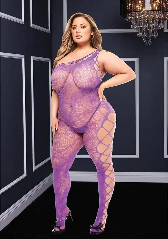 Purple Off the Shoulder Bodystocking – Sultry One-Shoulder Design by Baci