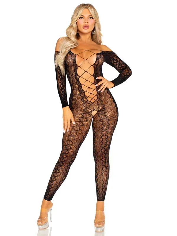 Python Net Crotchless Footless Lingerie Jumpsuit O/s – Black