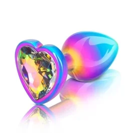 rainbow metal anal plug with rainbow heart crystal stone