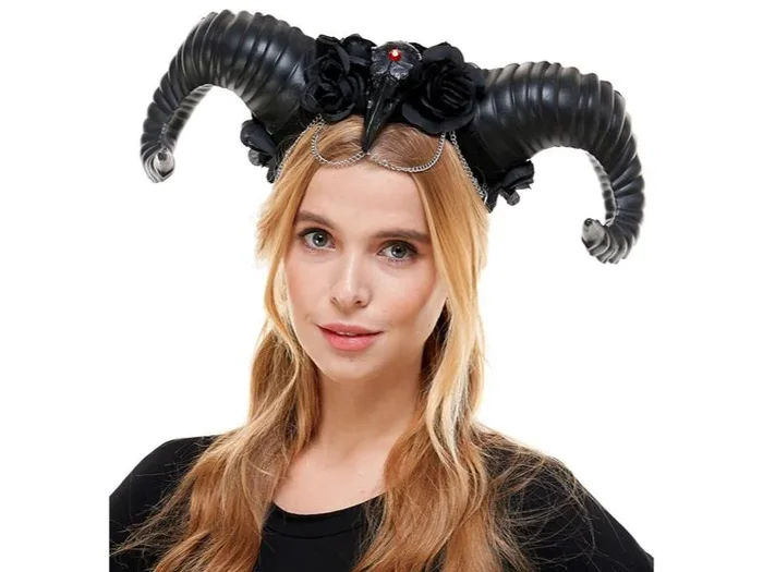 Ram Horns Headpiece with Raven and Roses – Black