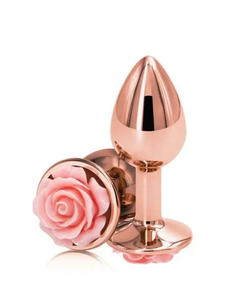 Rear Assets Rose Gold Metal Butt Plug with Pink Rose – Small