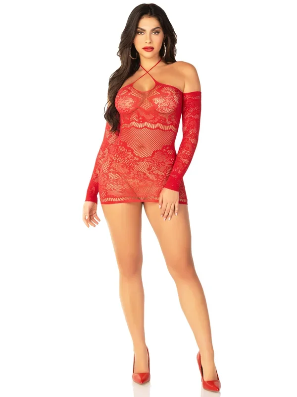 Red Seamless Lace and Net Mini Dress – Dress With Twist Halter Strap – Os