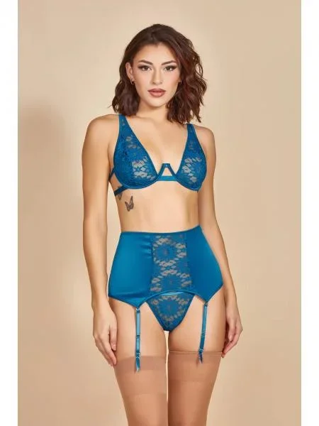 Ren Three Piece Satin and Lace Underwire Bra Set – Blue –