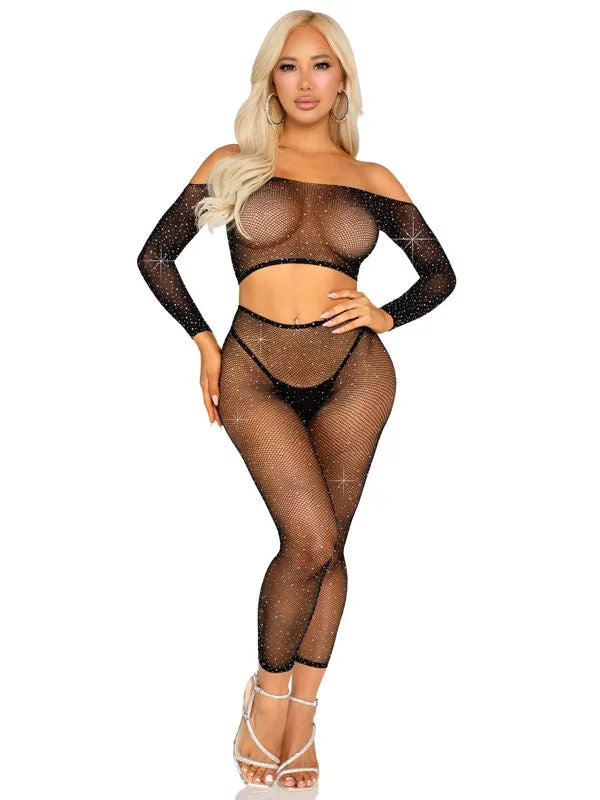 Rhinestone Fishnet Crop Top and Footless Tights Lingerie Set