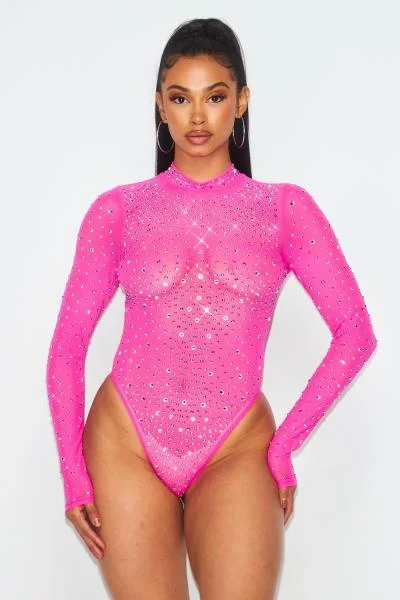 Rhinestone Mesh Bodysuit – Pink –