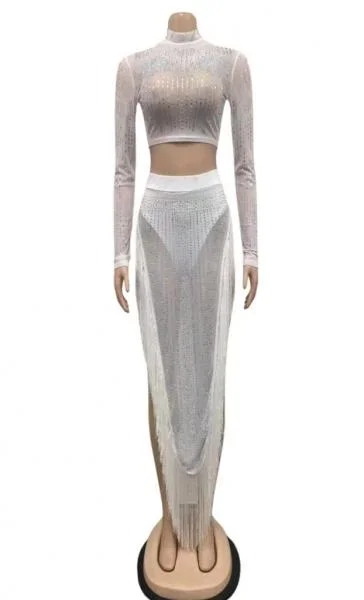Rhinestone Two Piece Mesh Dress Set – White –