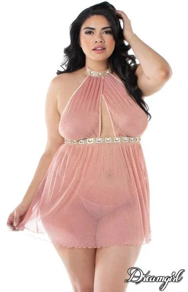 Rose Gold – Sparkle Stretch Mesh Halter Babydoll – Size