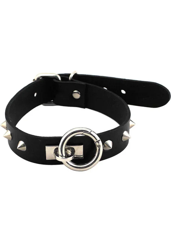 Rouge O Ring Studded Adjustable Leather Collar Black