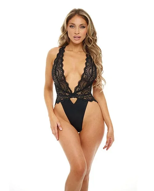 Sadie Stretch Galloon Lace Teddy with back Ties Black