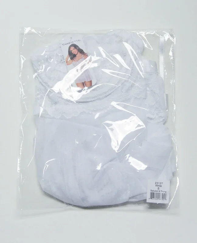 Scallop Stretch Lace & Mesh Babydoll w/Thong – White SM