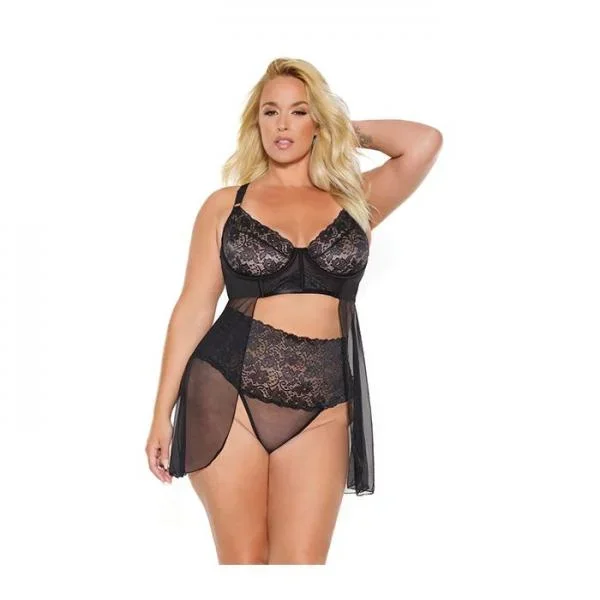 Scallop Stretch Lace & Sheer Mesh Babydoll with HW Thong – Black –