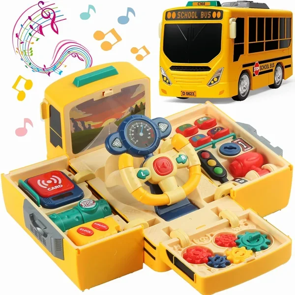 School Bus Toy With Sound And Light, Simulation Steering Wheel Gear Toy, To
