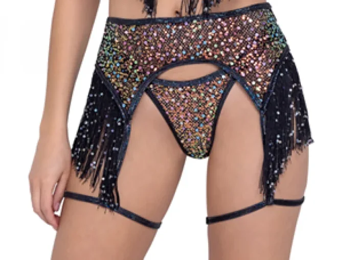 Sequin Fishnet Garter Belt with Fringe Detail & Attached Wrap Around Garter Strap – Black –